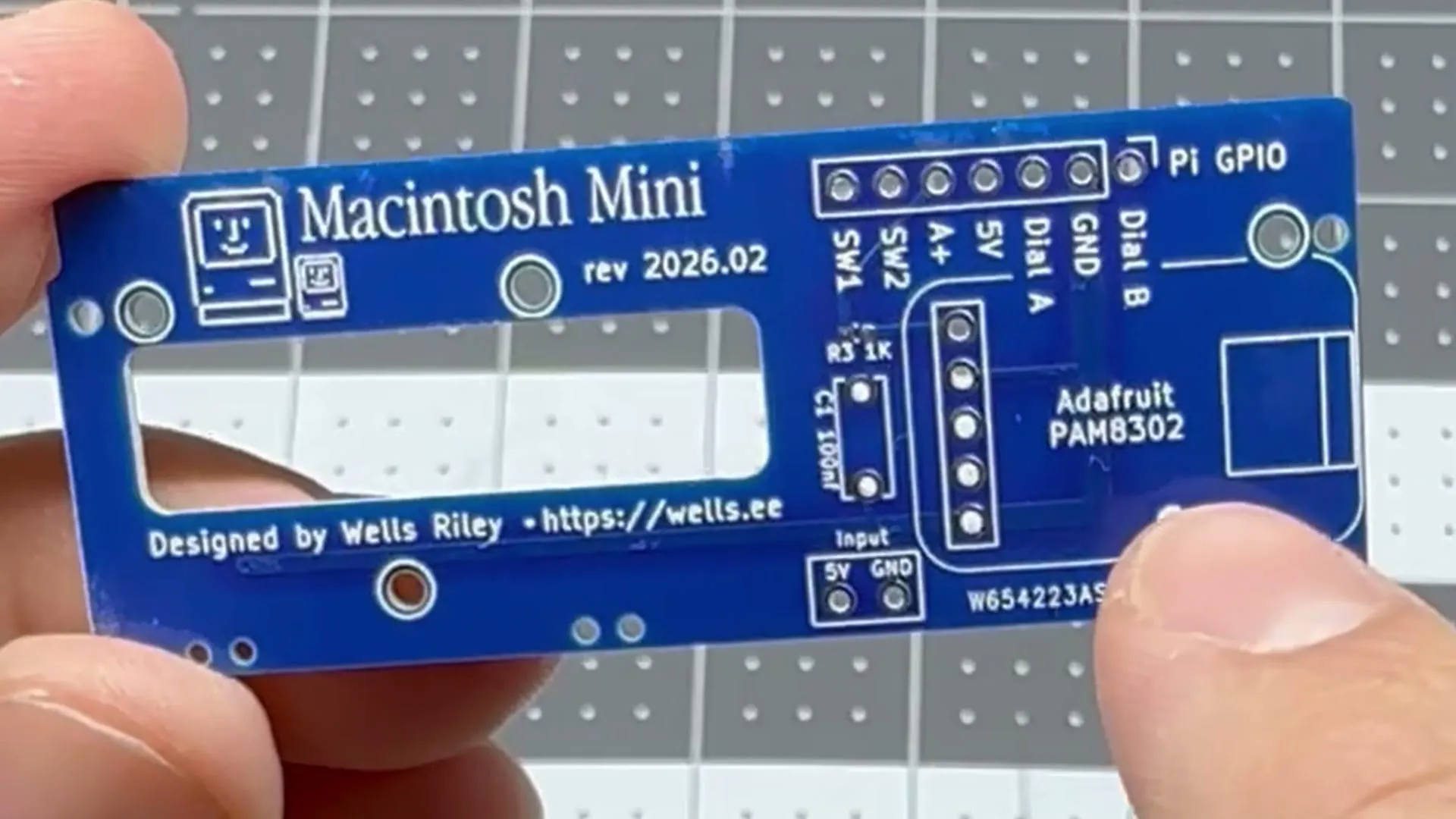 The bare Macintosh Mini circuit board, held up to the camera