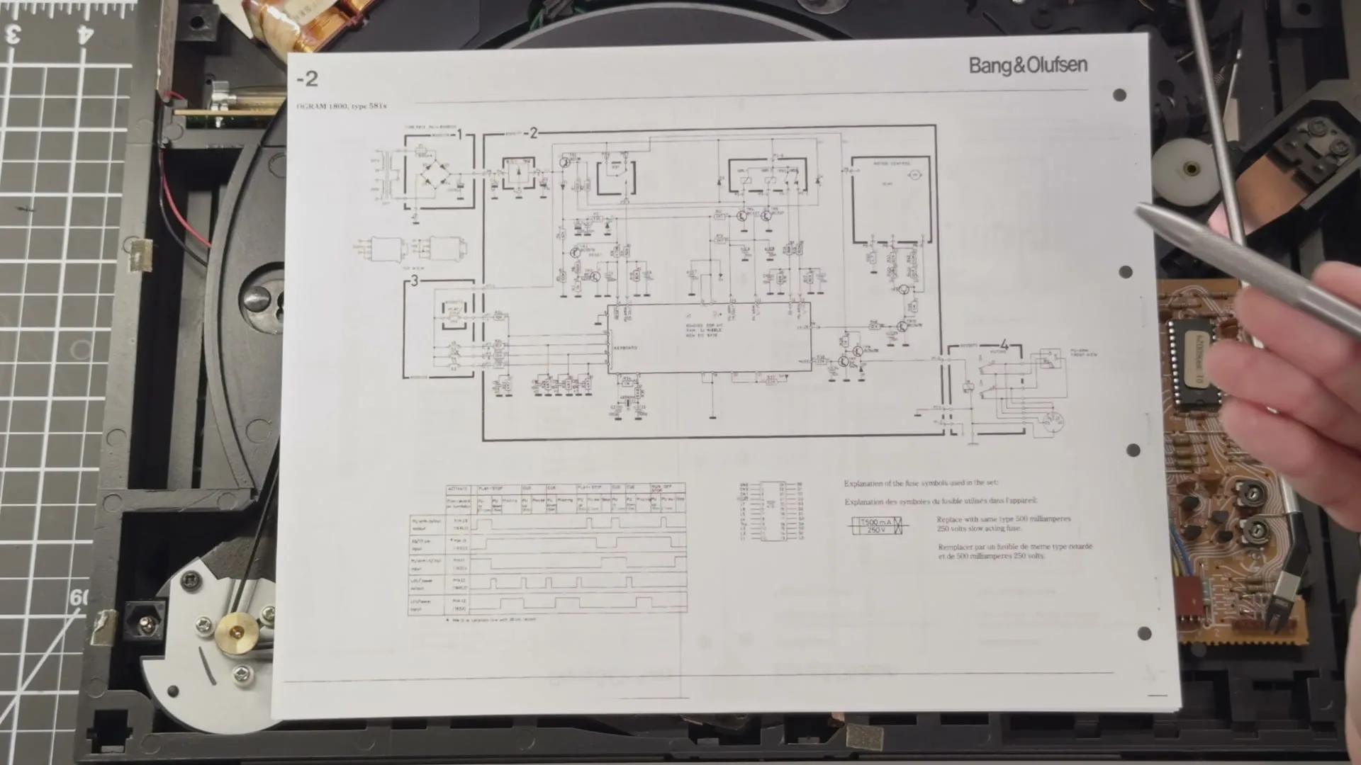 The turntable's schematic, traced with a pen