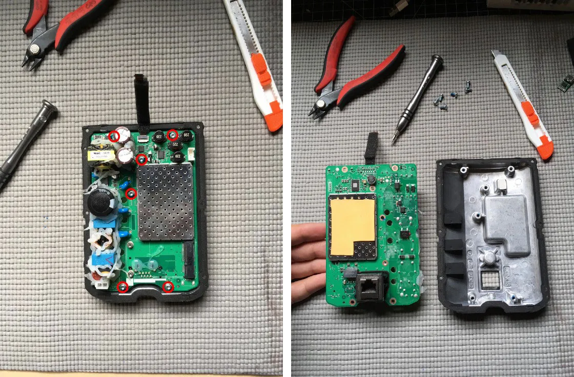 The main board's six screws, circled, then the board lifted out of the rear case