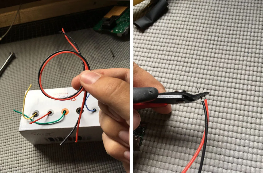 Cutting and stripping the red and black wires