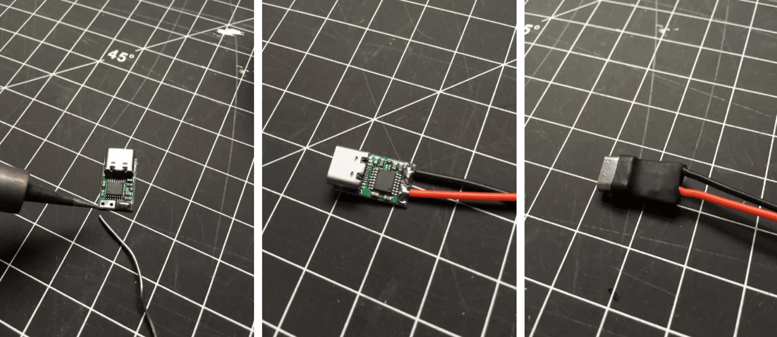 The trigger board tinned, wired, then covered in heat-shrink