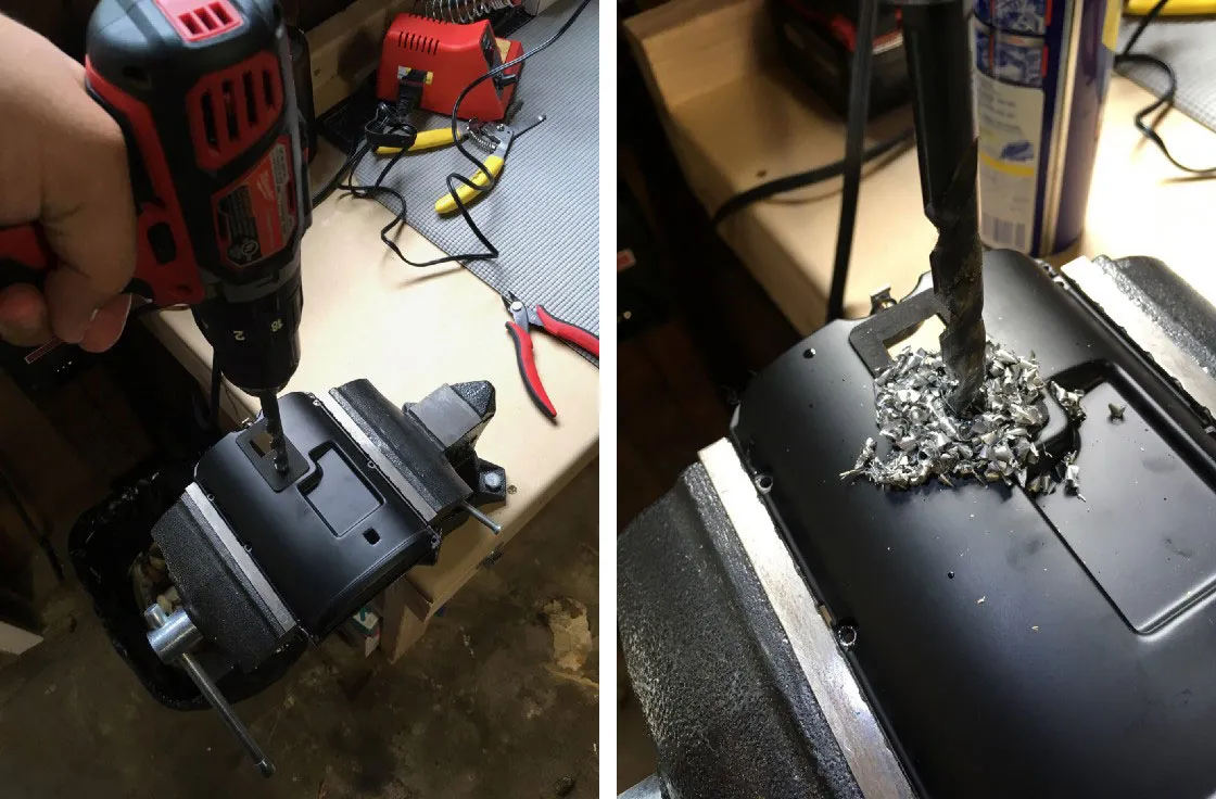 Drilling out the mounting point, with the shavings it leaves