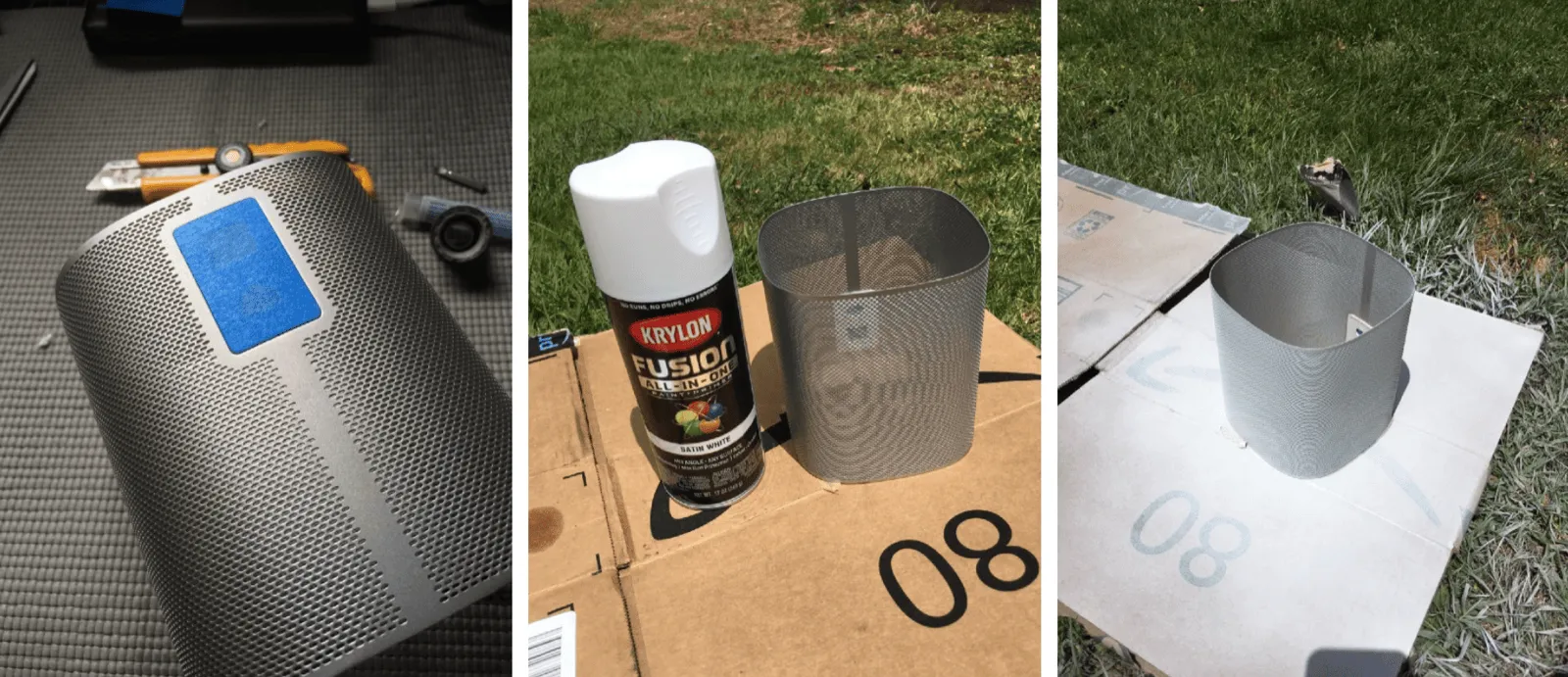 The grille masked with tape, then beside a can of white Krylon, then painted and drying on cardboard